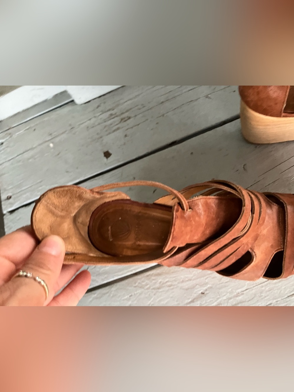 COCLICO Soft Brown Leather Strappy Wedge Sandals Wood Clog - Picture 12 of 15